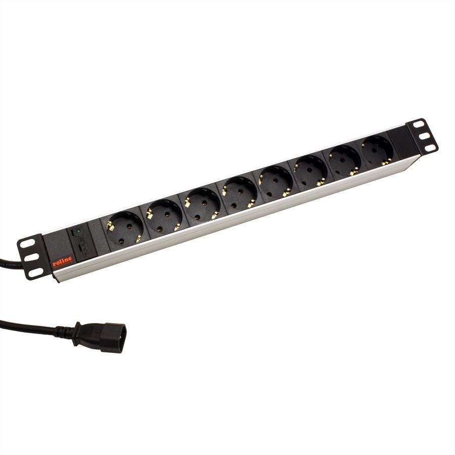 ROLINE 19'' Steckdosenleiste 1HE 8-fach. Kaltgeräte C14-Stecker, Aluminium, 2m