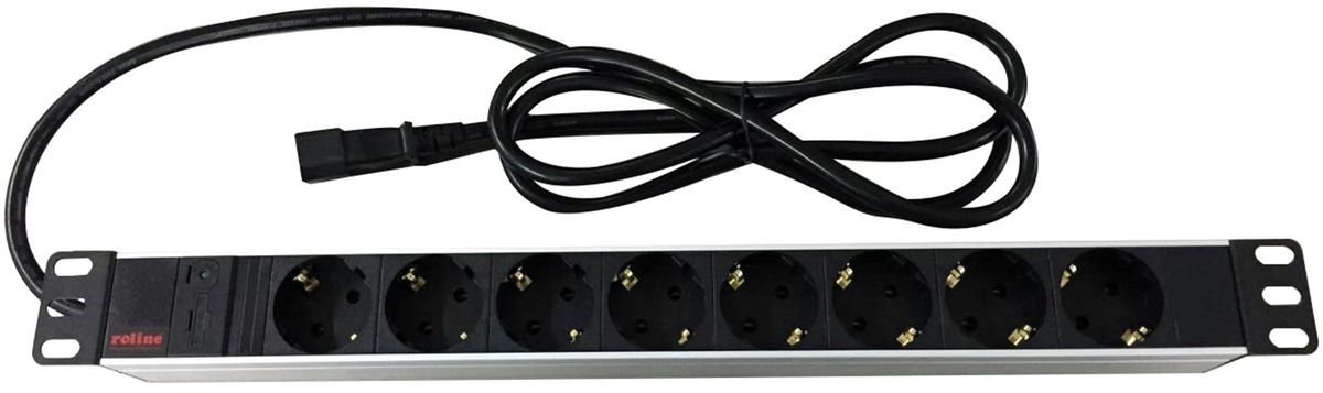 ROLINE 19'' Steckdosenleiste 1HE 8-fach. Kaltgeräte C14-Stecker, Aluminium, 2m